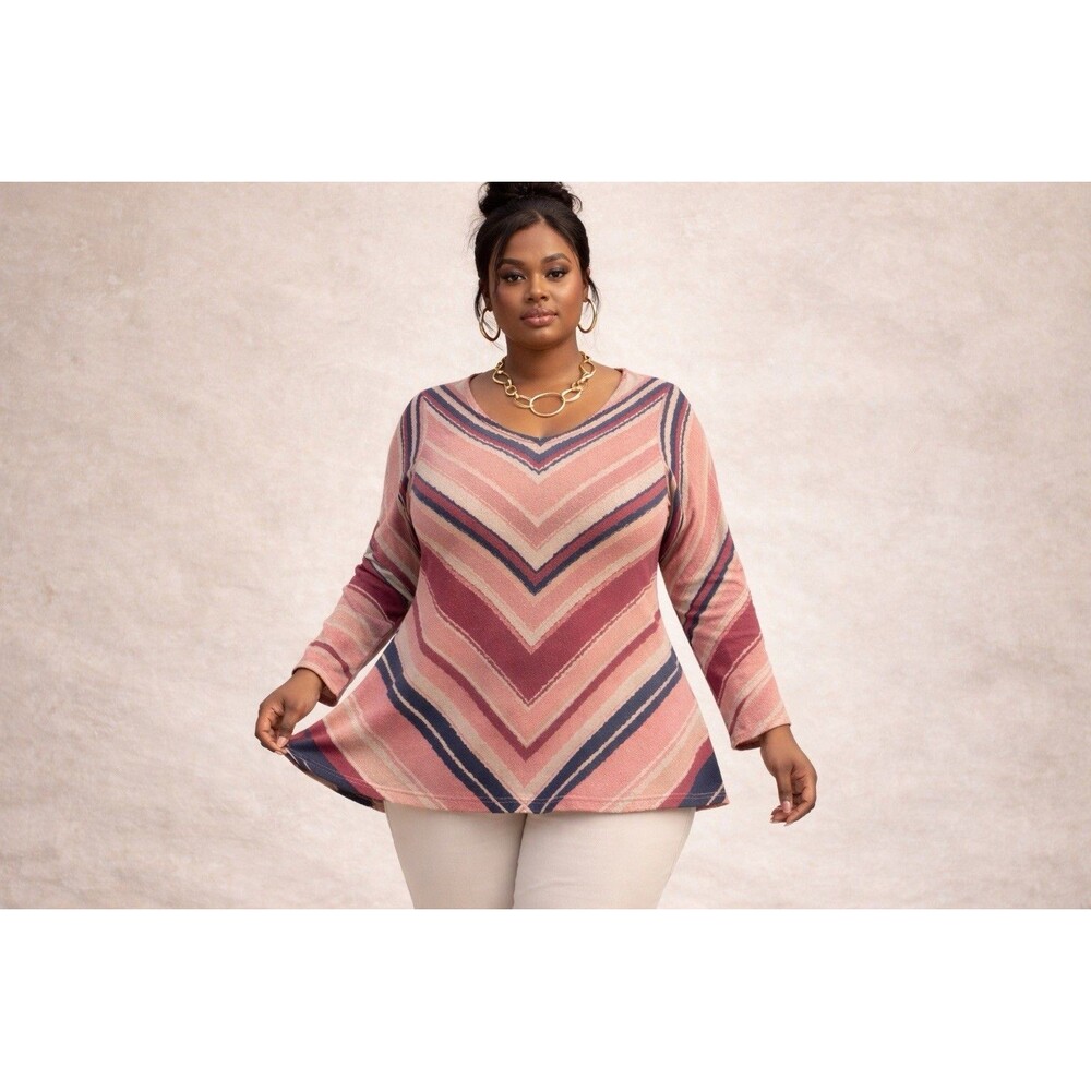 Boho Chevron Stripe Tunic Sweater Stretch Knit V Neck Made USA Nurture XL